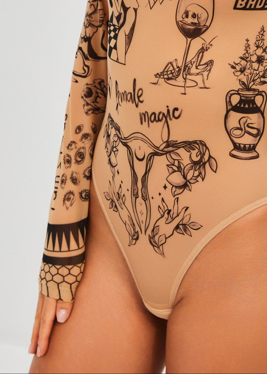 Sphinx Long Sleeve Bodysuit for Women – Unique Tattoo Design - BRIKOLY