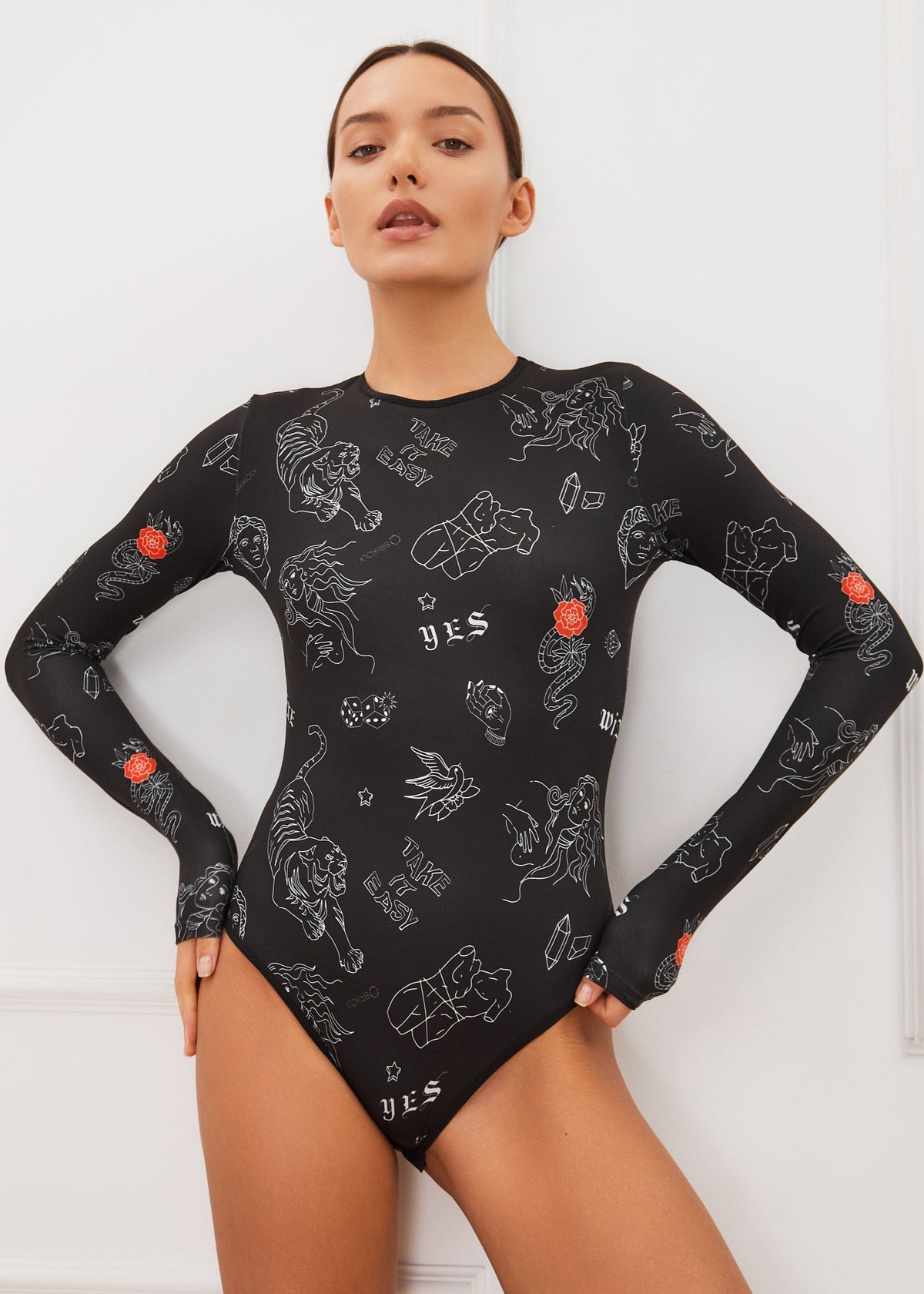 Black Tiger Tattoo Long Sleeve Bodysuit  – Elegance Redefined