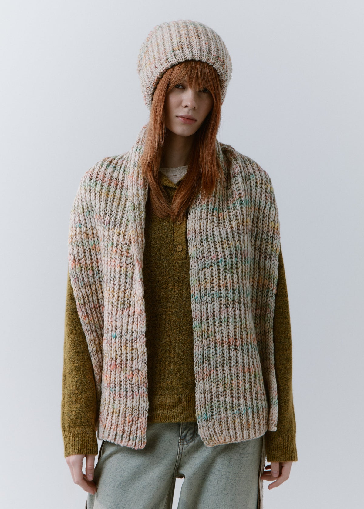 London Snowdrop knit beanie: Full outfit view with matching scarf draped over shoulders, sold separately