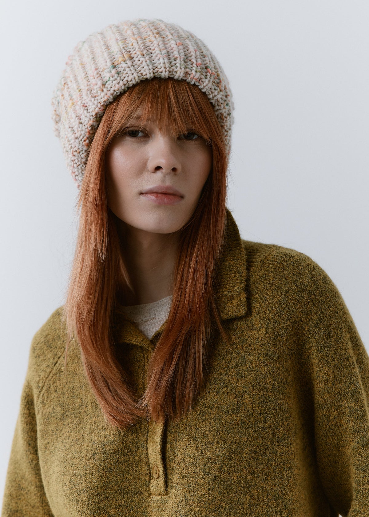 London Snowdrop knit beanie: Front outfit portrait