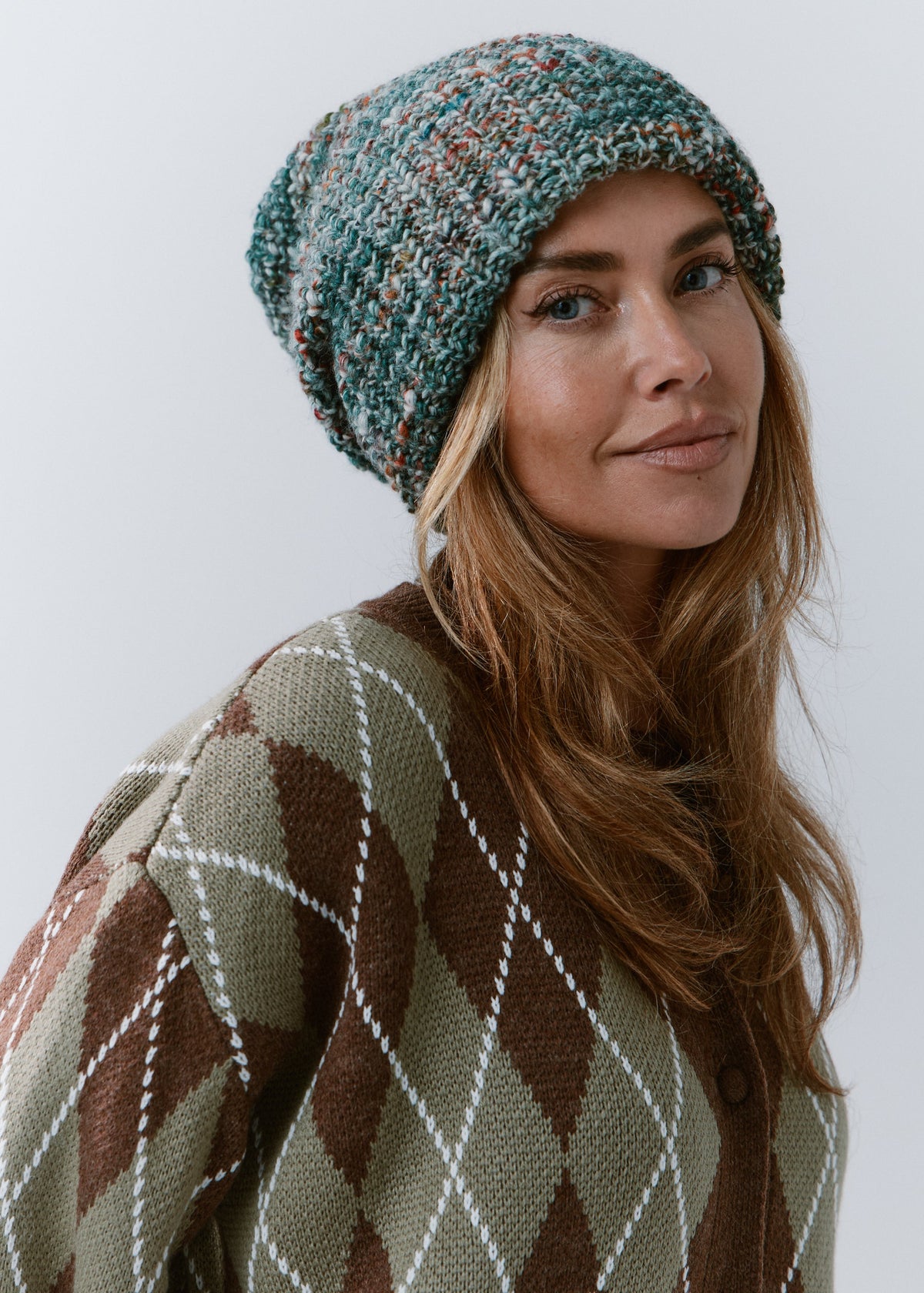 London Green and Orange knit beanie: Three-quarter portrait