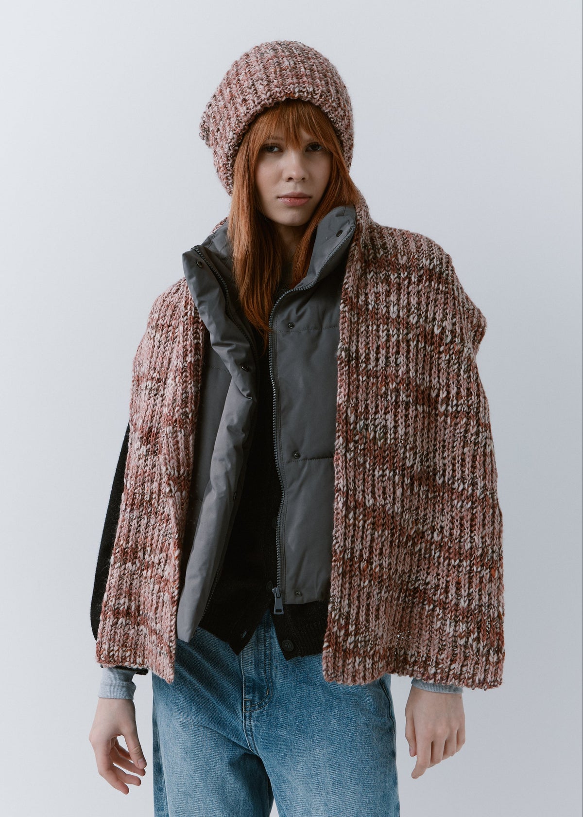 London Rose knit beanie: Full outfit view with matching scarf draped over shoulders, sold separately