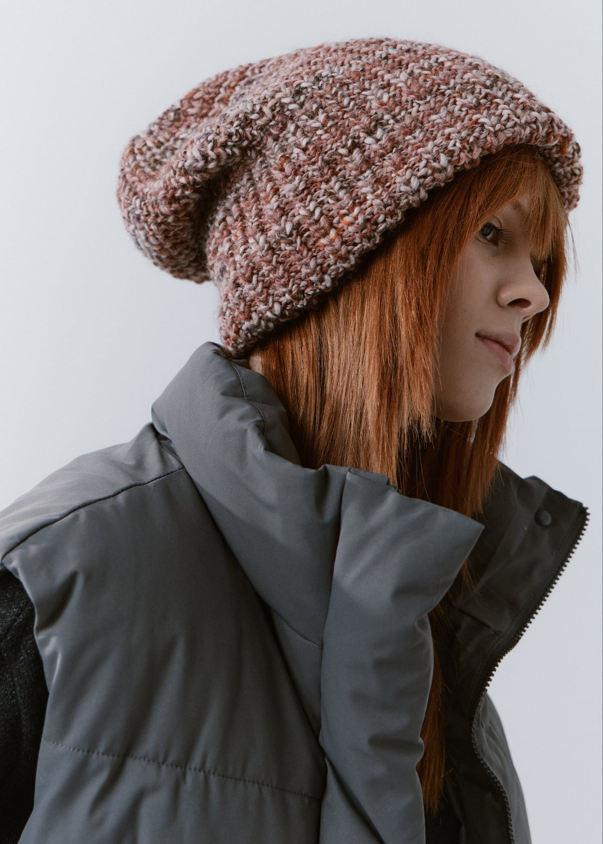 London Rose knit beanie: Side portrait with relaxed crown