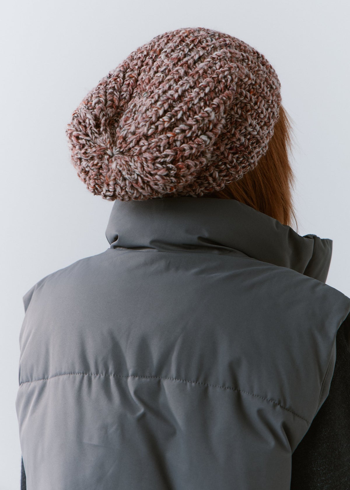 BRIKOLY Rose oversized multicolor knit beanie shown from behind to reveal the slouchy crown and chunky knit.