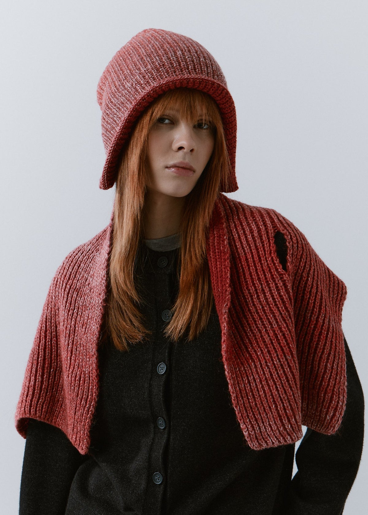 BRIKOLY Lisse Cherry ribbed knit scarf draped over a model's shoulders.