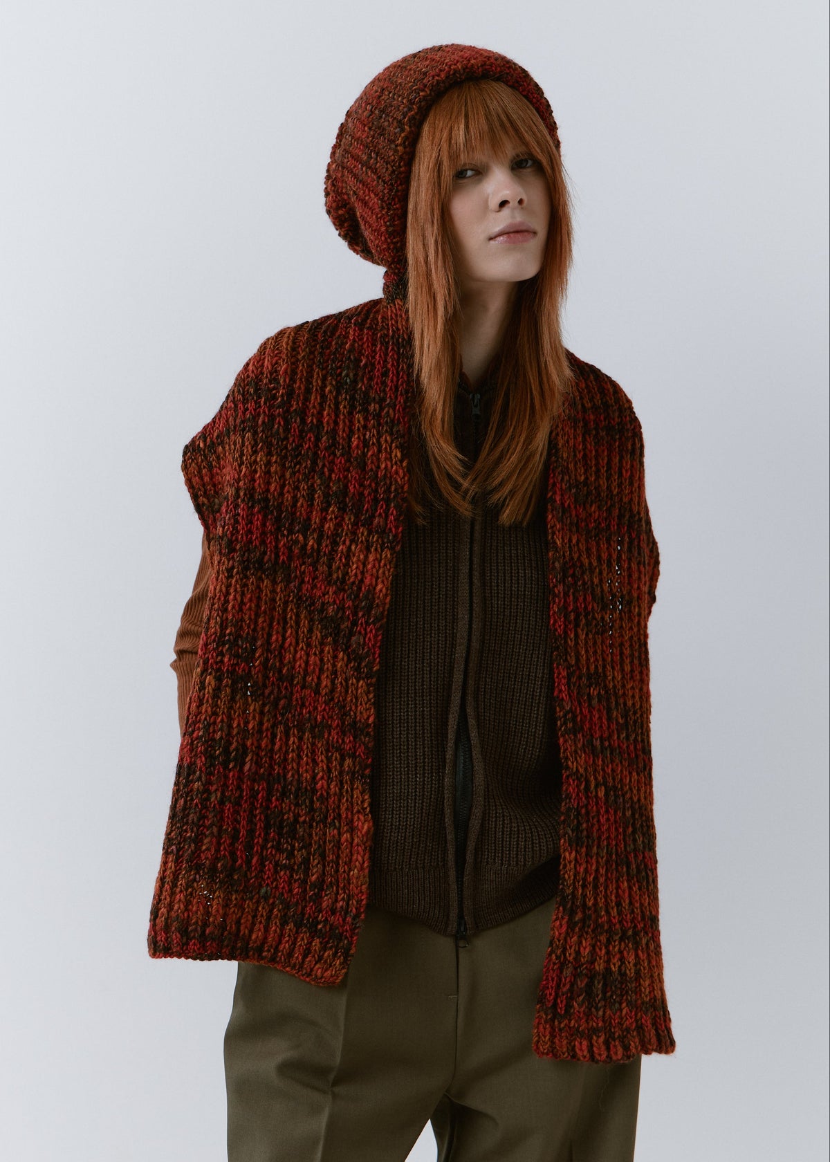 London Brown knit beanie: Full outfit view with matching scarf draped over shoulders, sold separately