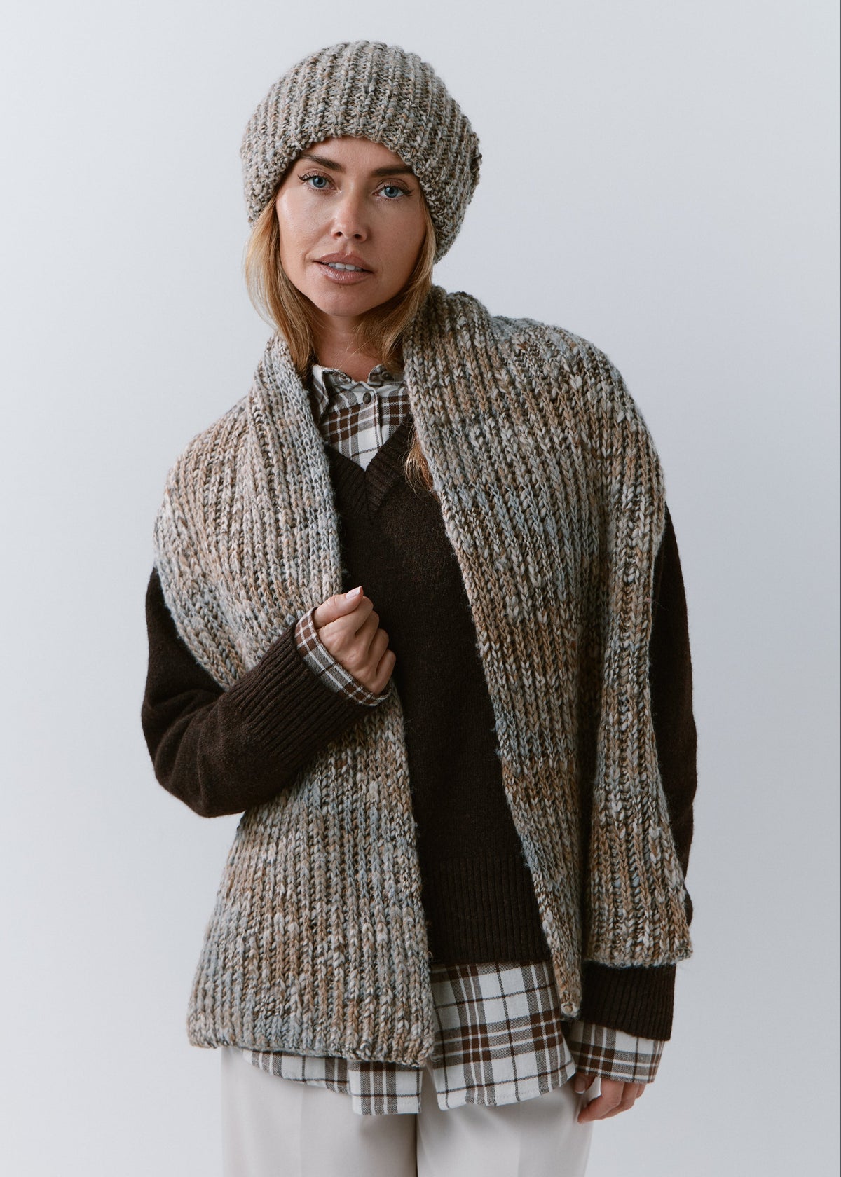 London Gray knit beanie: Full outfit view with matching scarf draped over shoulders, sold separately