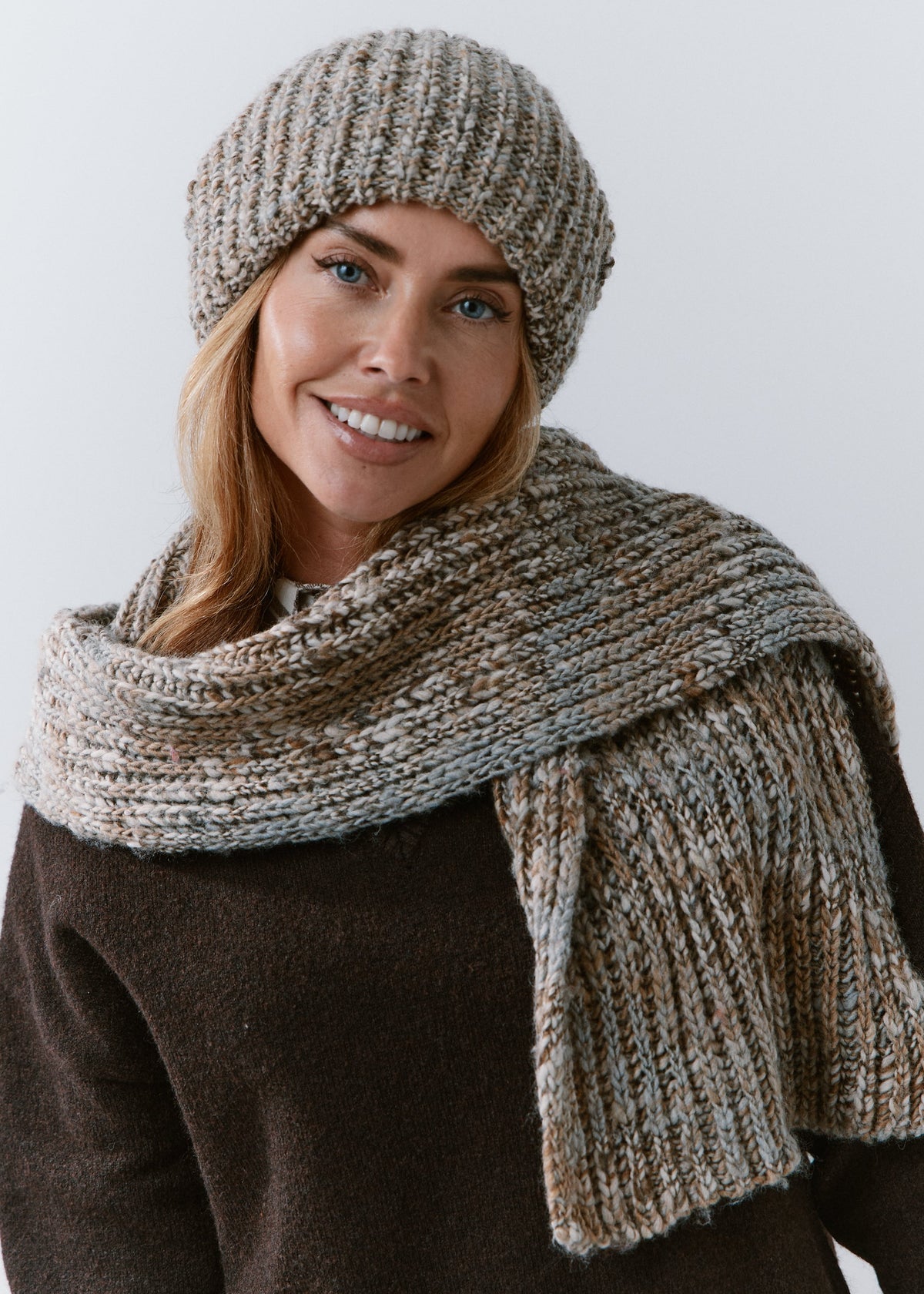 London Gray knit beanie: Front portrait with matching scarf wrapped at the neck, sold separately