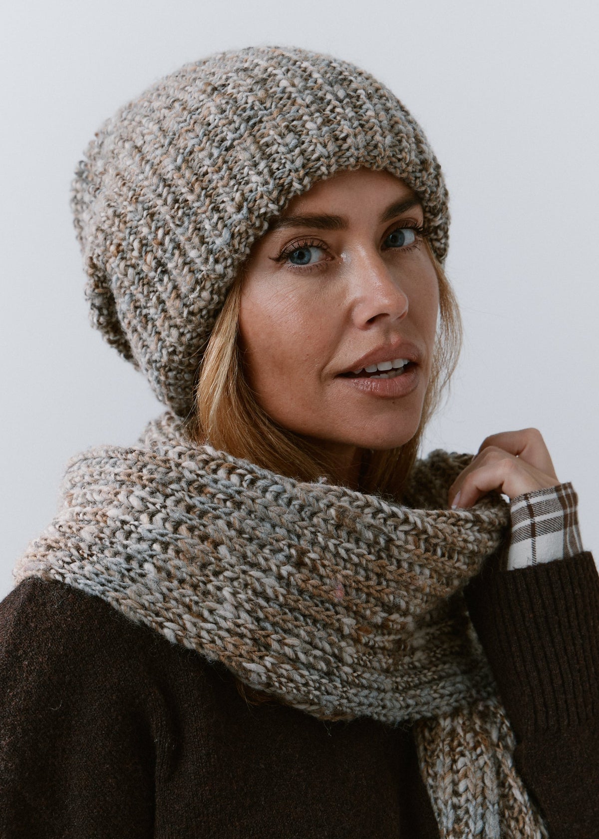 London Gray knit beanie: Three-quarter portrait with matching scarf, sold separately