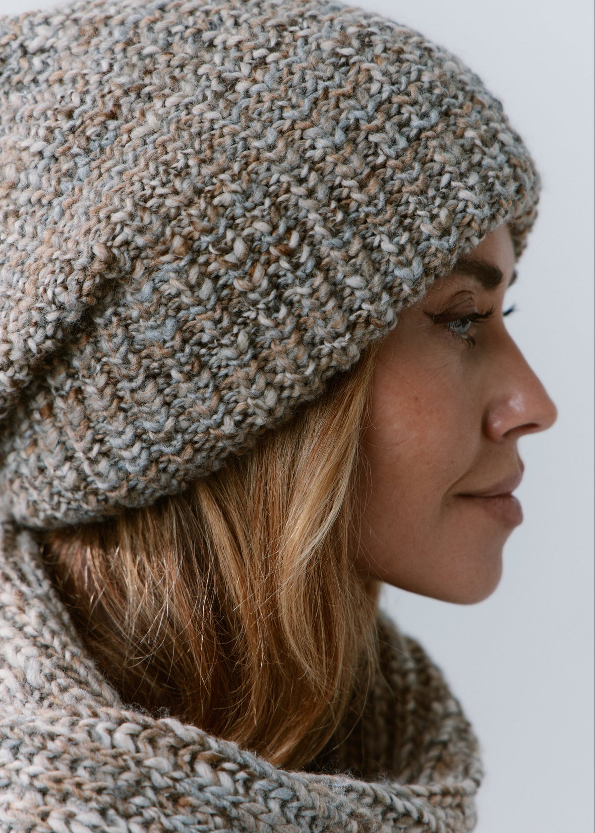 London Gray knit beanie: Side close-up with matching scarf, sold separately