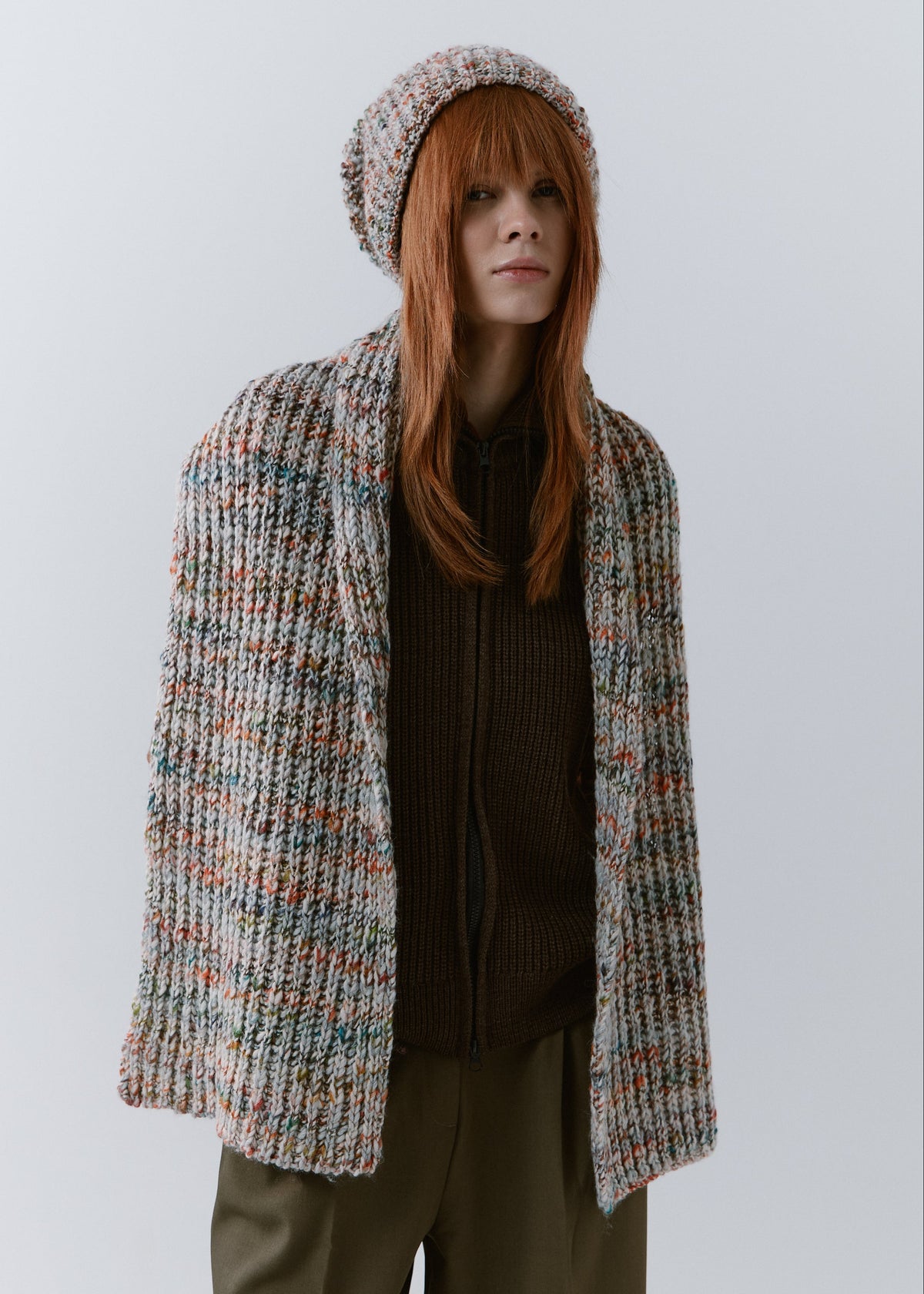 London FAN knit beanie: Full outfit view with matching scarf draped over shoulders, sold separately