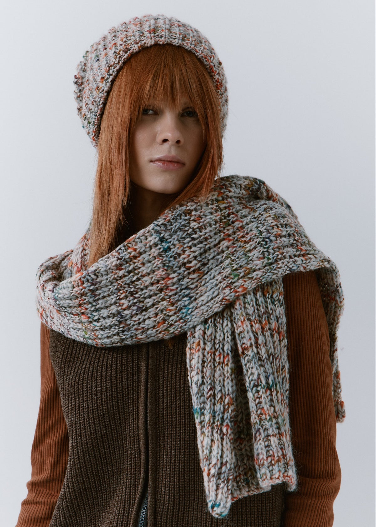 London FAN knit beanie: Front portrait with matching scarf, sold separately