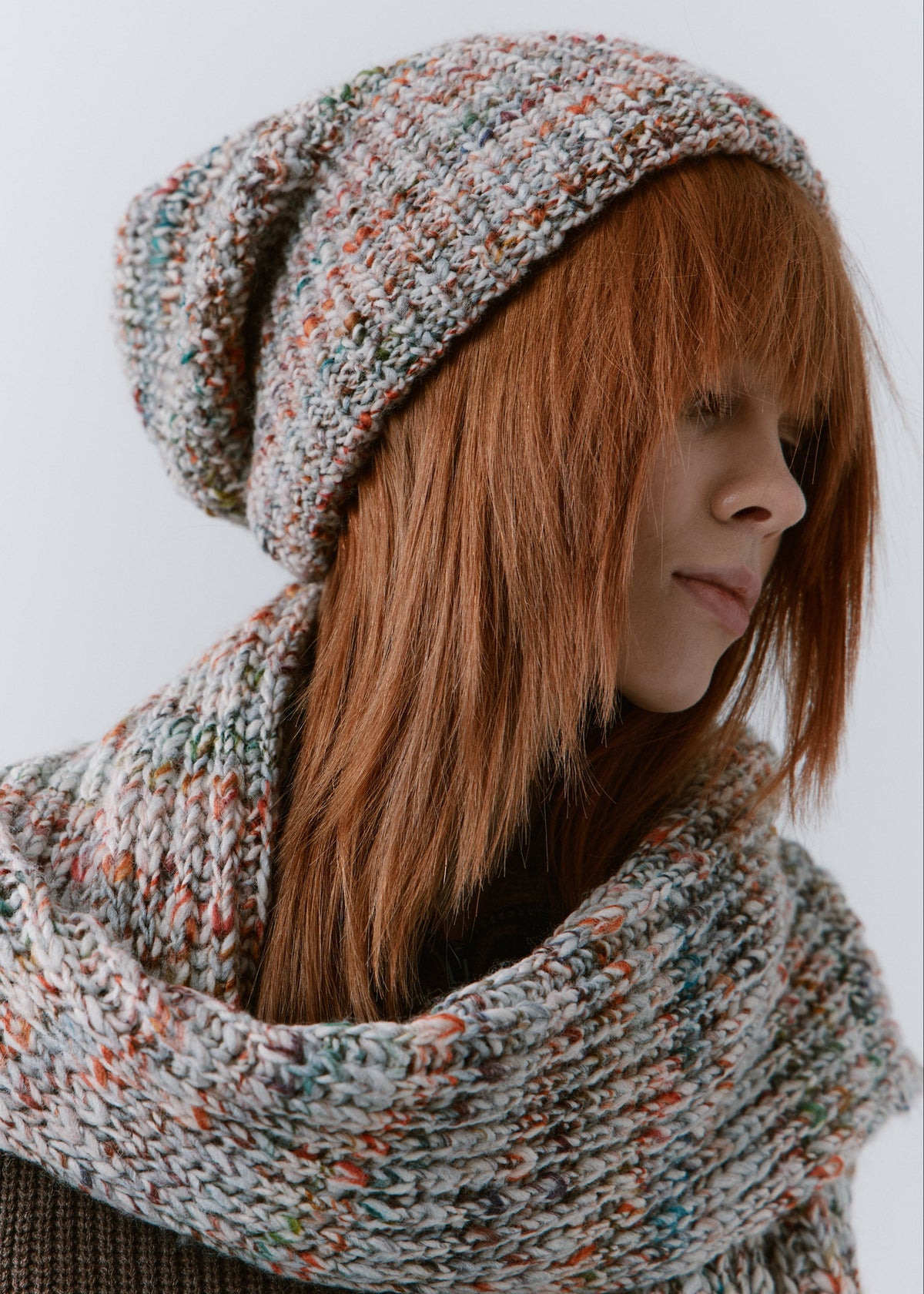 London FAN knit beanie: Looking-down close-up with matching scarf, sold separately