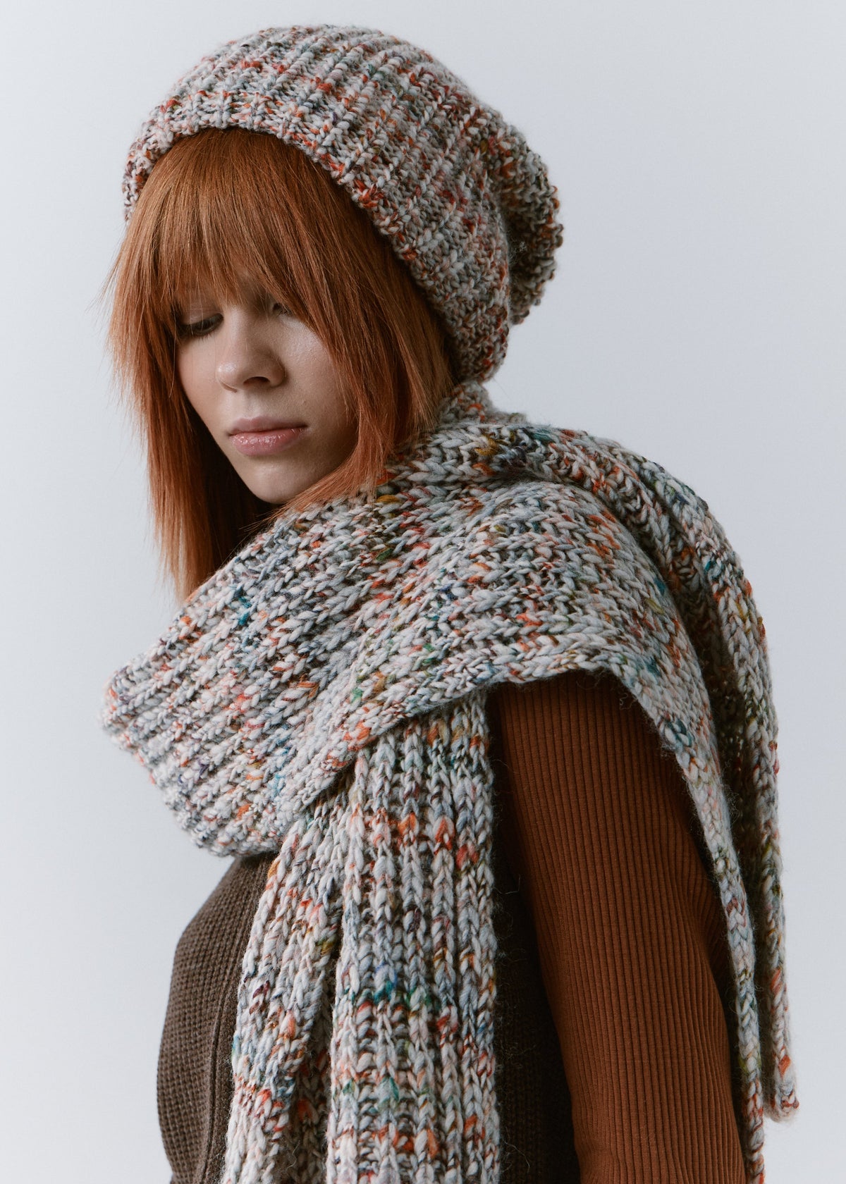 London FAN knit beanie: Side outfit view with matching scarf, sold separately