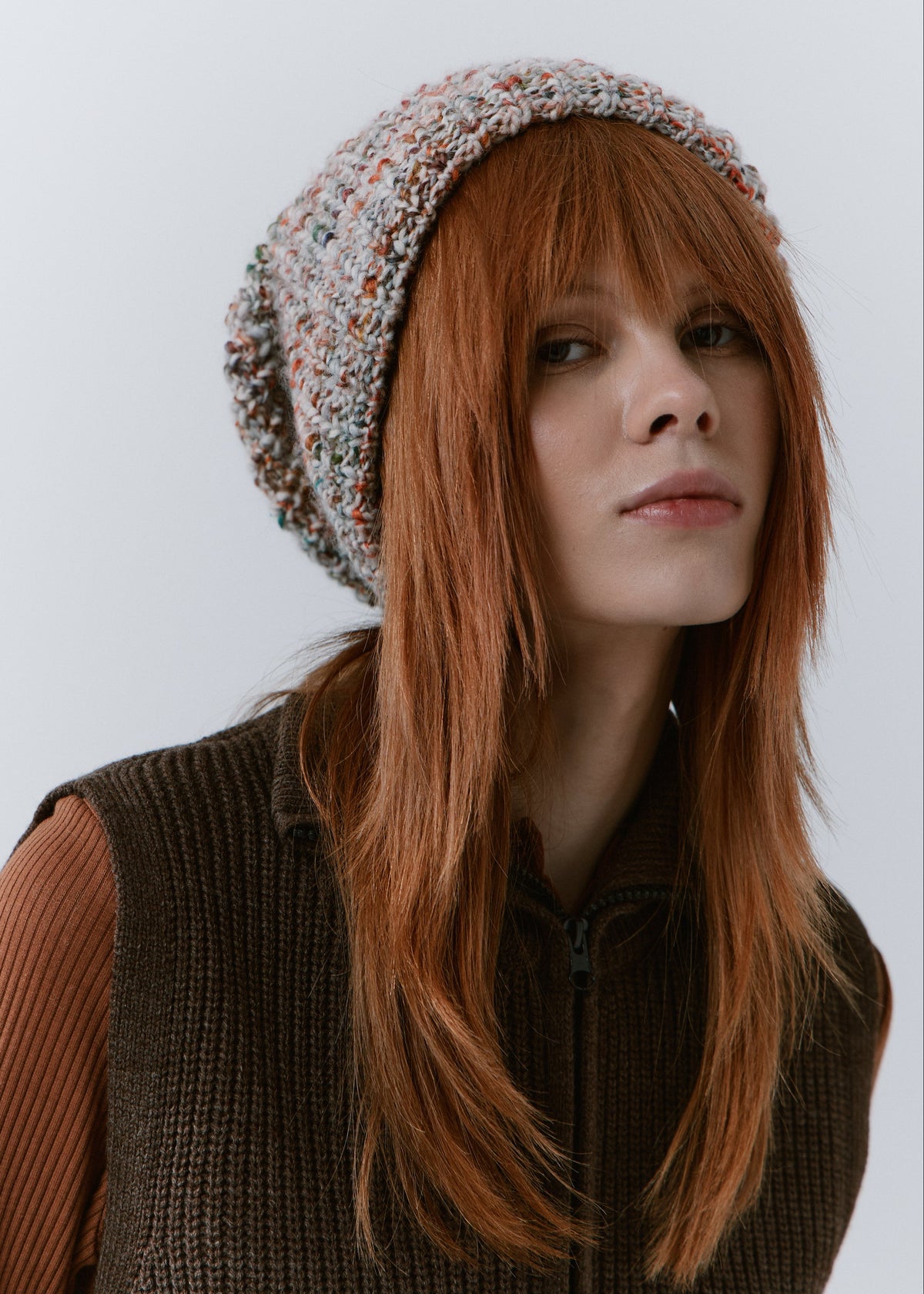 London FAN knit beanie: Three-quarter portrait with relaxed crown