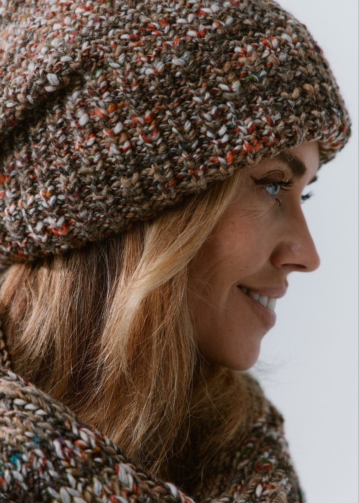 London Multicolor knit beanie: Side close-up with matching scarf, sold separately