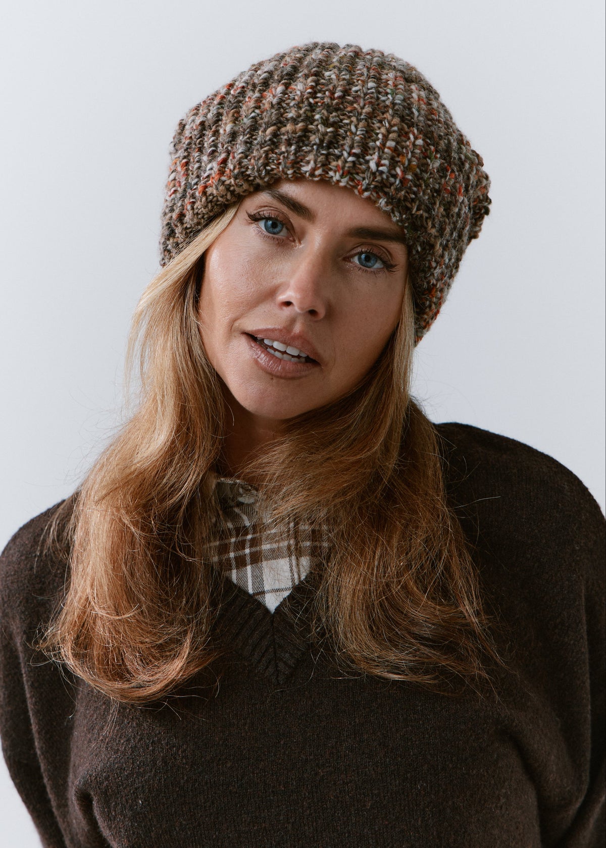 London Multicolor knit beanie: Front outfit portrait