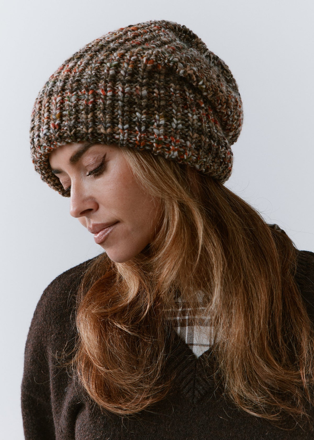 London Multicolor knit beanie: Looking-down three-quarter portrait