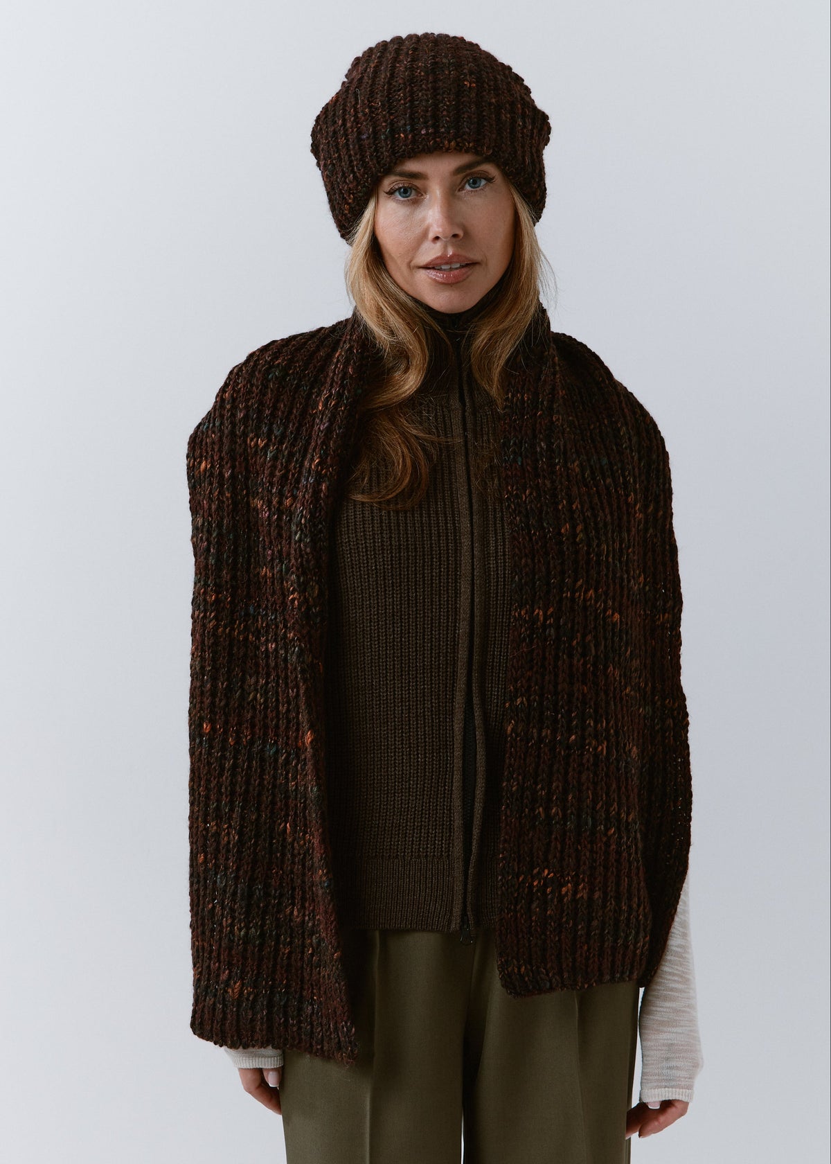 London Burgundy and Black knit beanie: Full outfit view with matching scarf draped over shoulders, sold separately