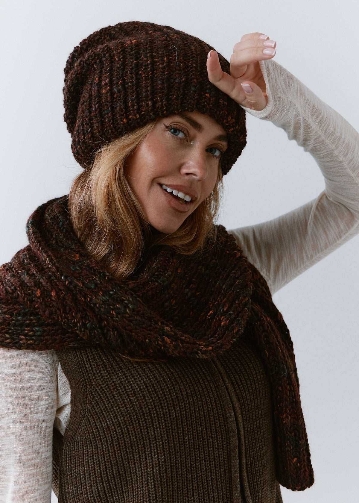 London Burgundy and Black knit beanie: Front portrait with matching scarf, sold separately