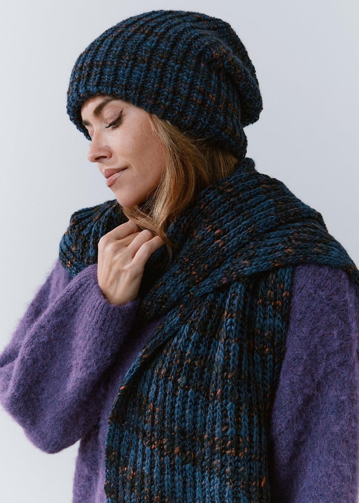 London Dark Lavender knit beanie: Side portrait with matching scarf, sold separately