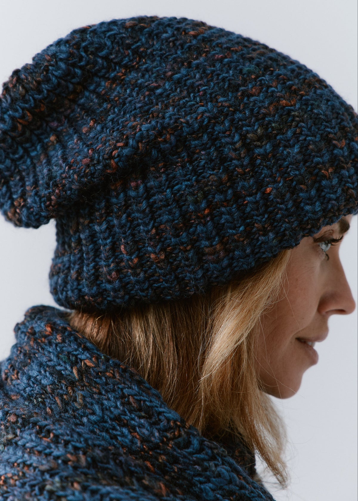 London Dark Lavender knit beanie: Side close-up of the knit with matching scarf, sold separately