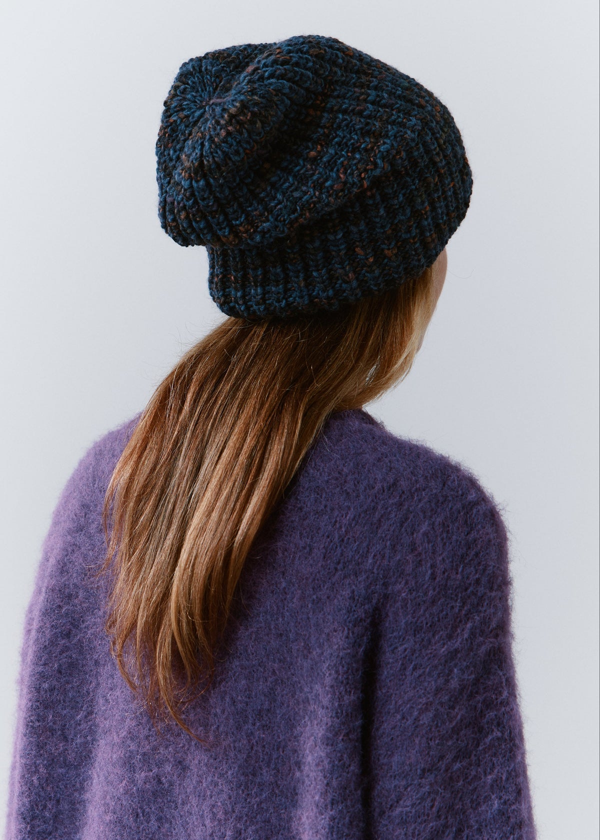 London Dark Lavender knit beanie: Back view of the gathered crown