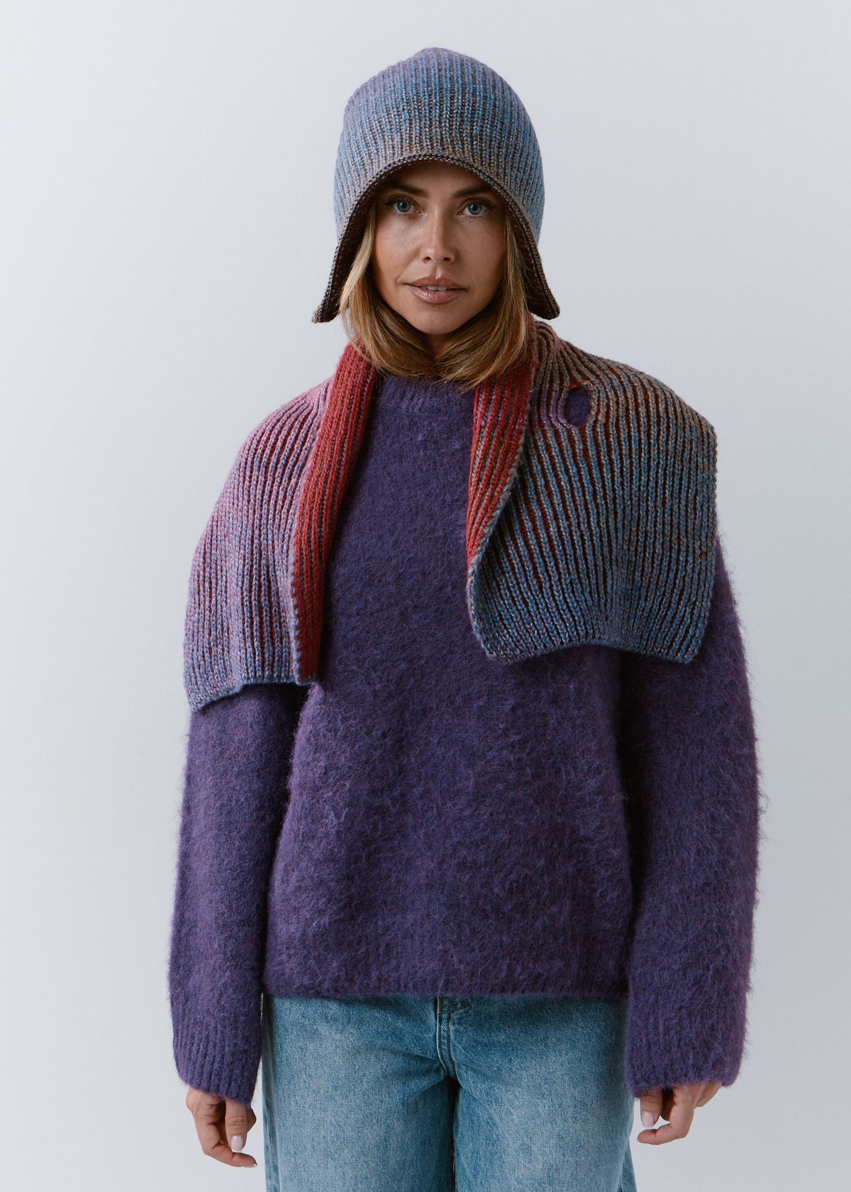 BRIKOLY Lisse Violet multicolor ribbed knit scarf draped over a model's shoulders in a wider front view.