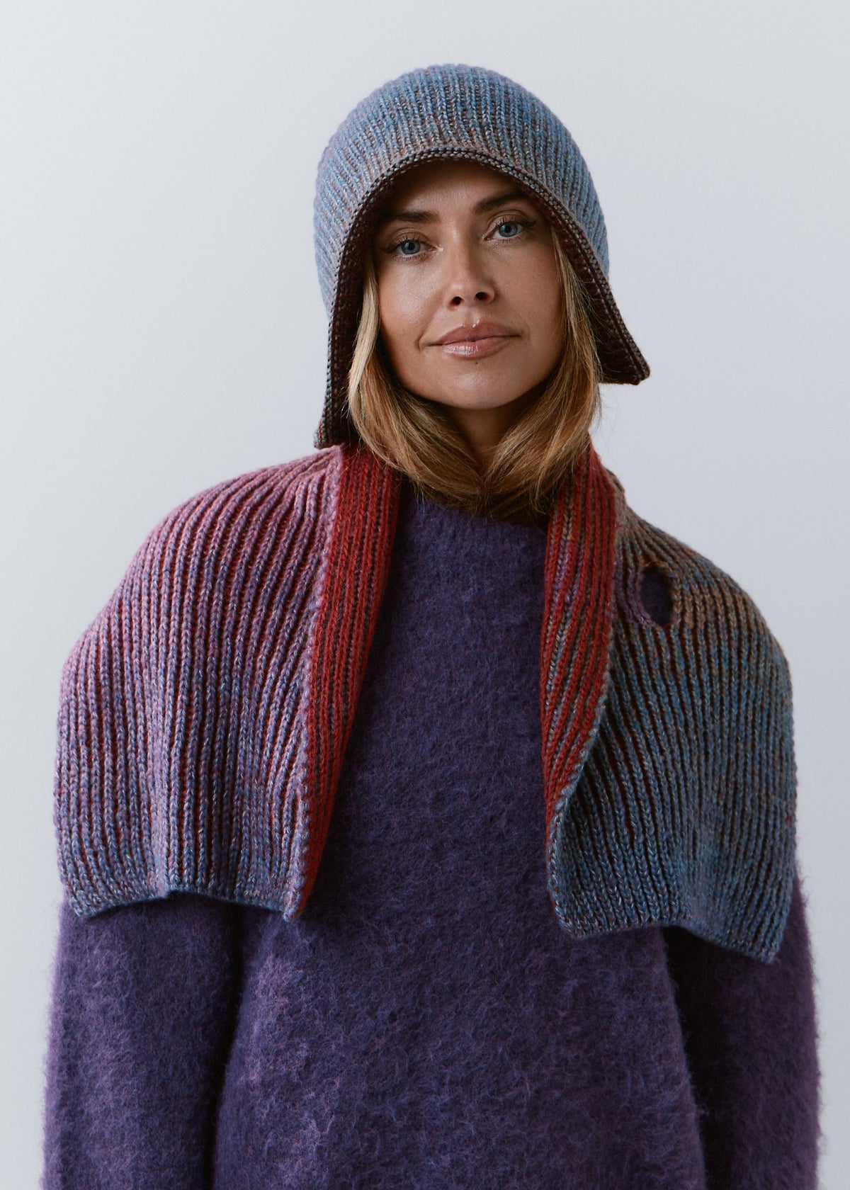 BRIKOLY Lisse Violet multicolor ribbed knit scarf shown draped over a model's shoulders.