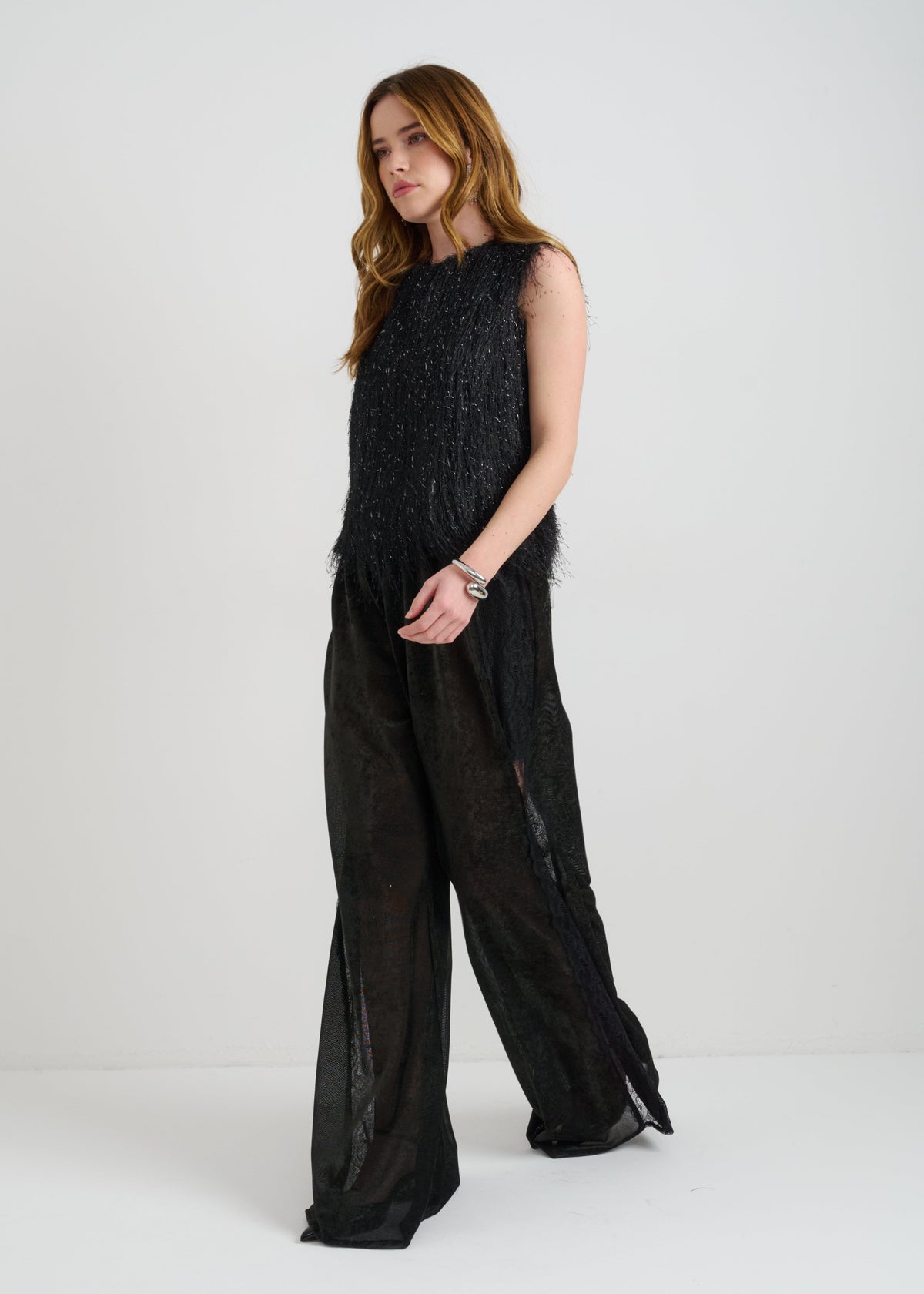 Sheer Wide-Leg Women’s Pants with Lace Detailing