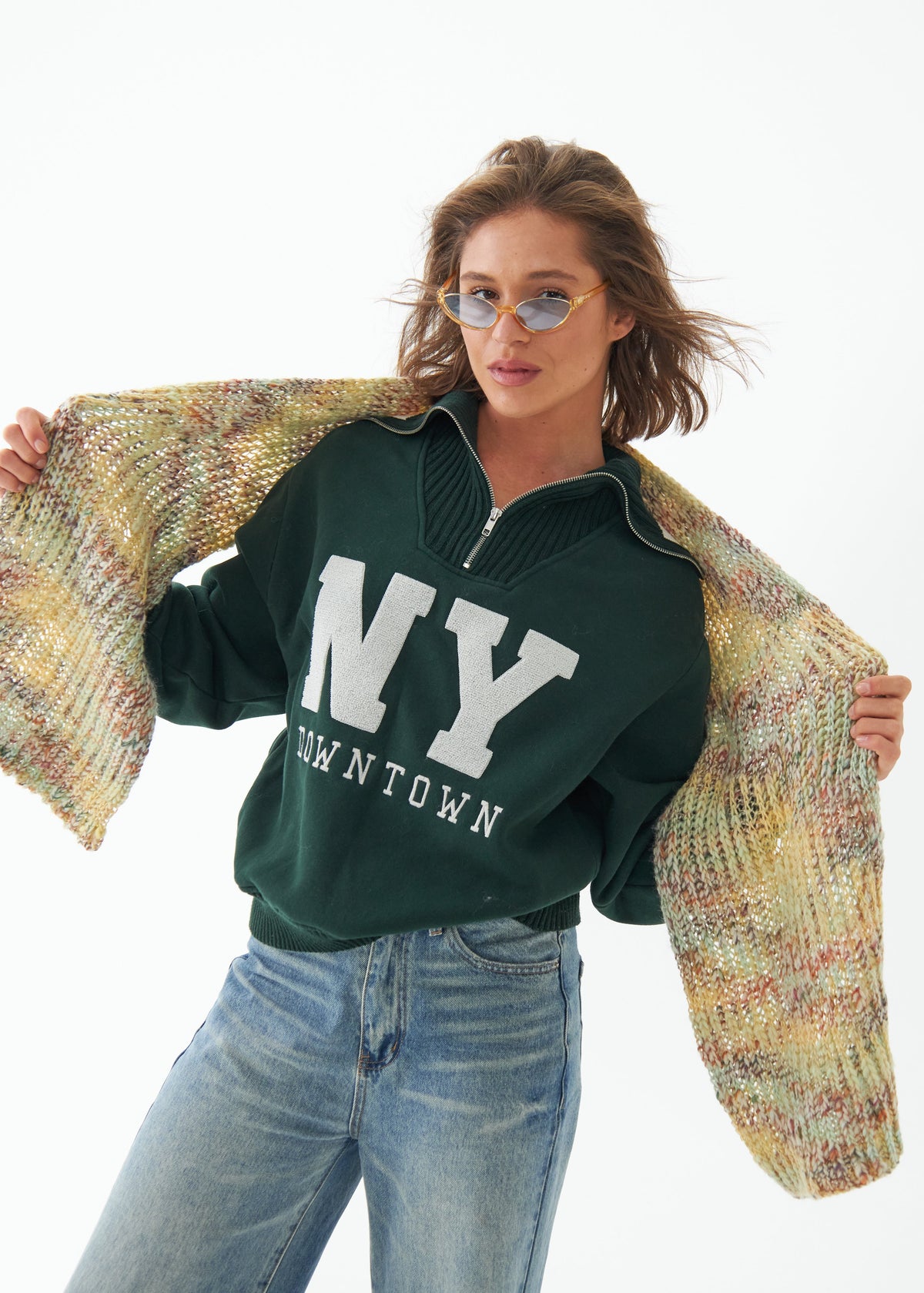 Oversized Yellow & Green alpaca-wool scarf: Front outfit view held open across the shoulders; beanie sold separately