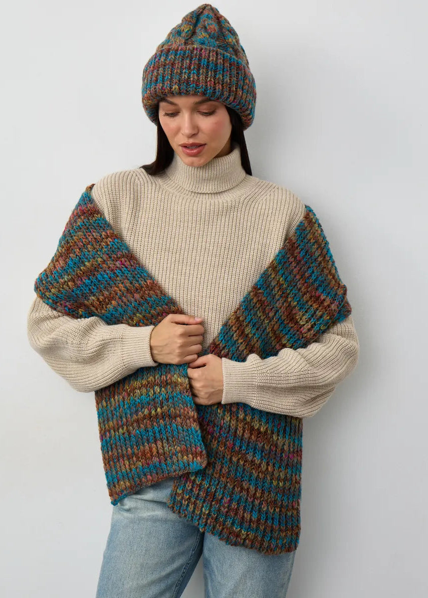 Tokyo Turquoise cable knit wool beanie: Outfit view with matching scarf held in front, sold separately