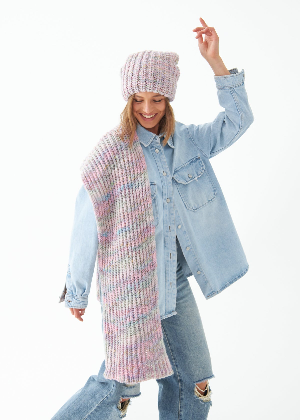 Oversized Unicorn alpaca-wool scarf: Full outfit view with scarf hanging down; beanie sold separately