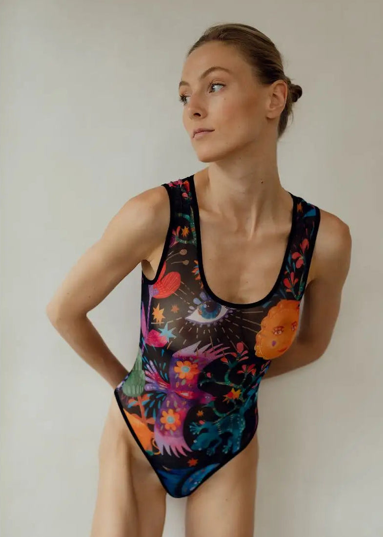 Eagle Mesh Sleeveless Bodysuit for Women - Tattoo Inspired Design - BRIKOLY