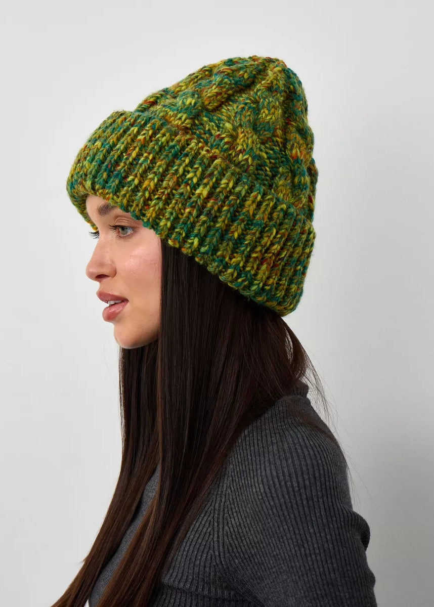 Tokyo Khaki cable knit wool beanie: Three-quarter outfit view