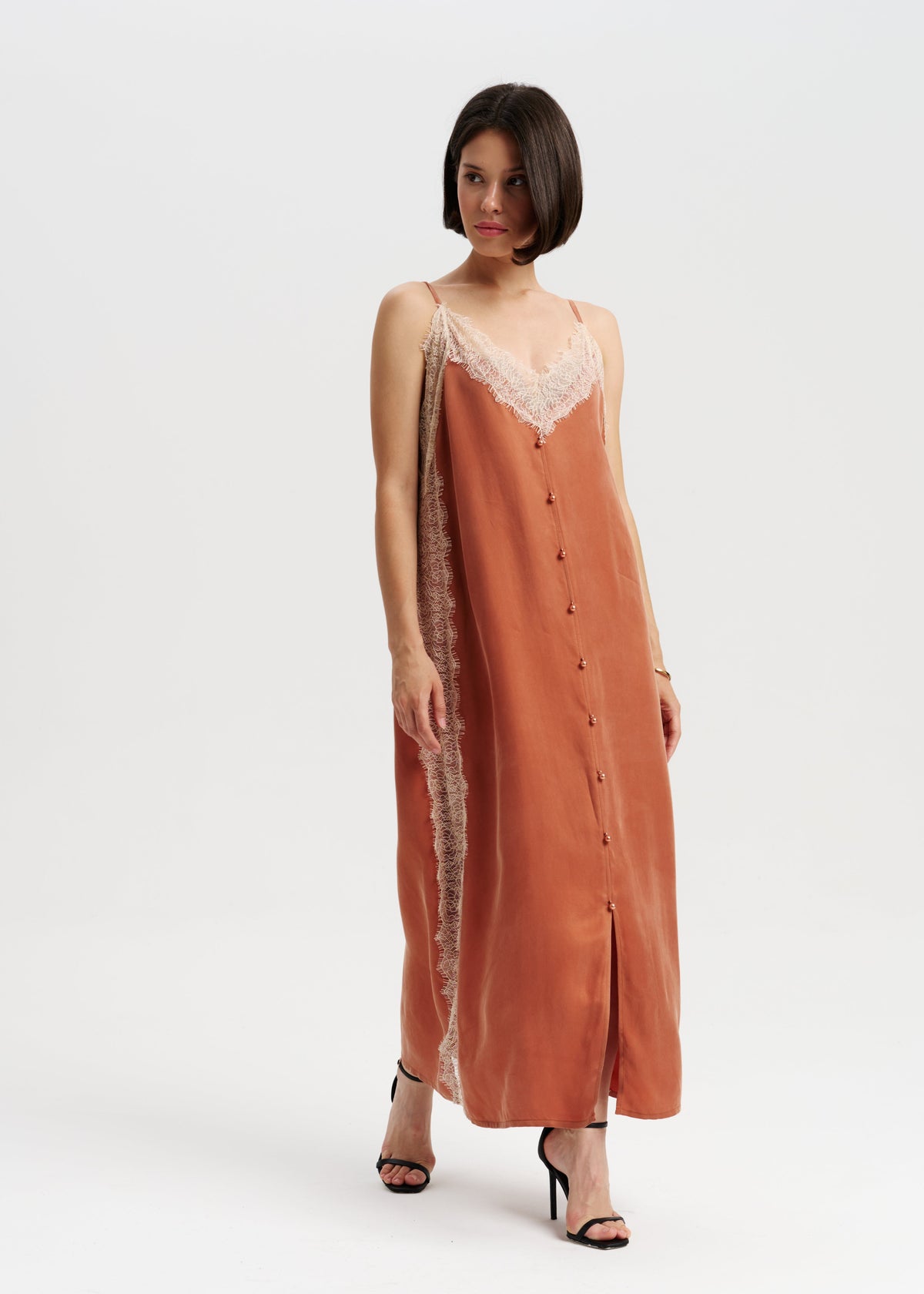 Terracotta Silk Slip Dress with Lace Details & Front Buttons - BRIKOLY