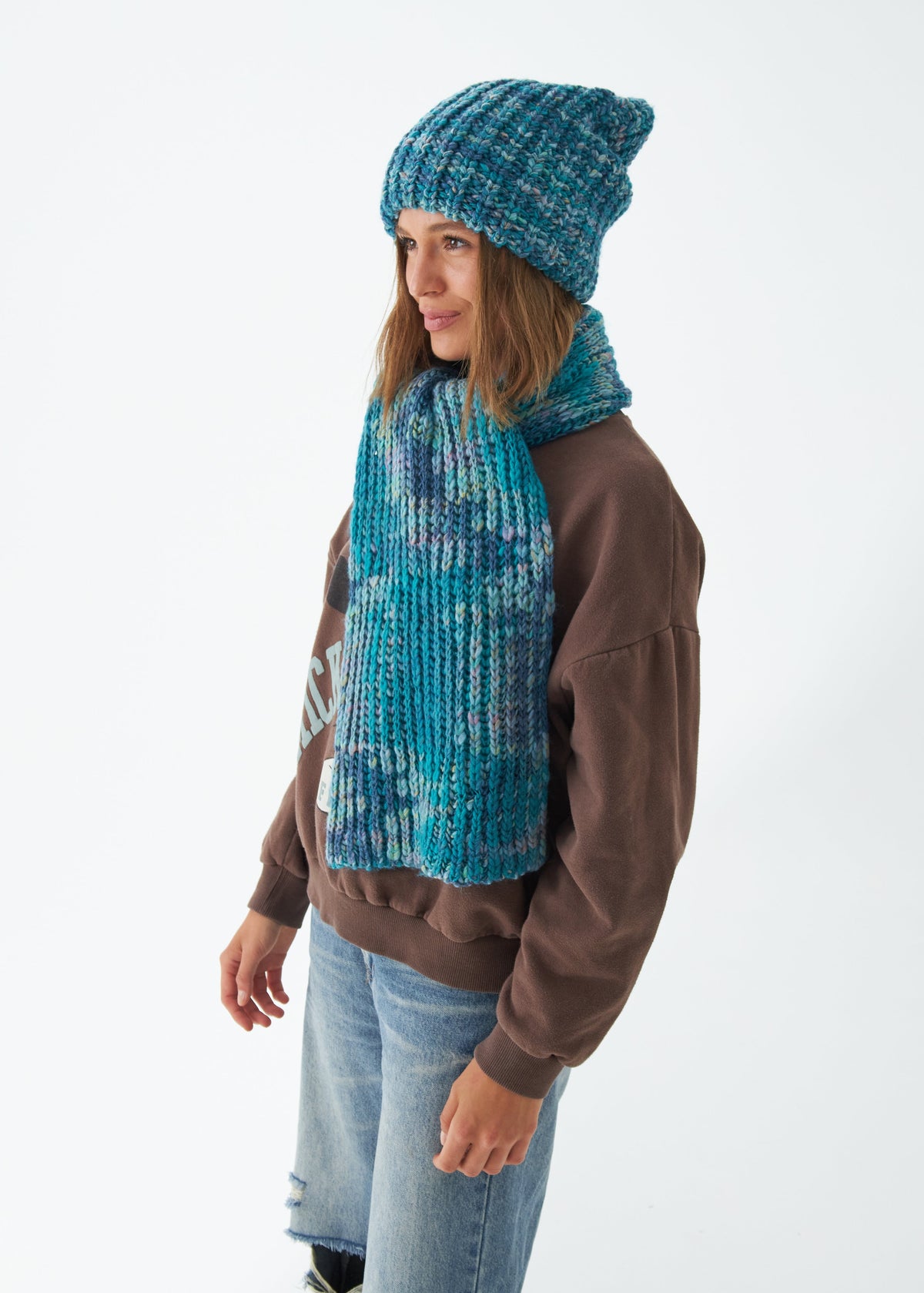 Oversized Tiffany alpaca-wool scarf: Full outfit view with long ends hanging down; beanie sold separately
