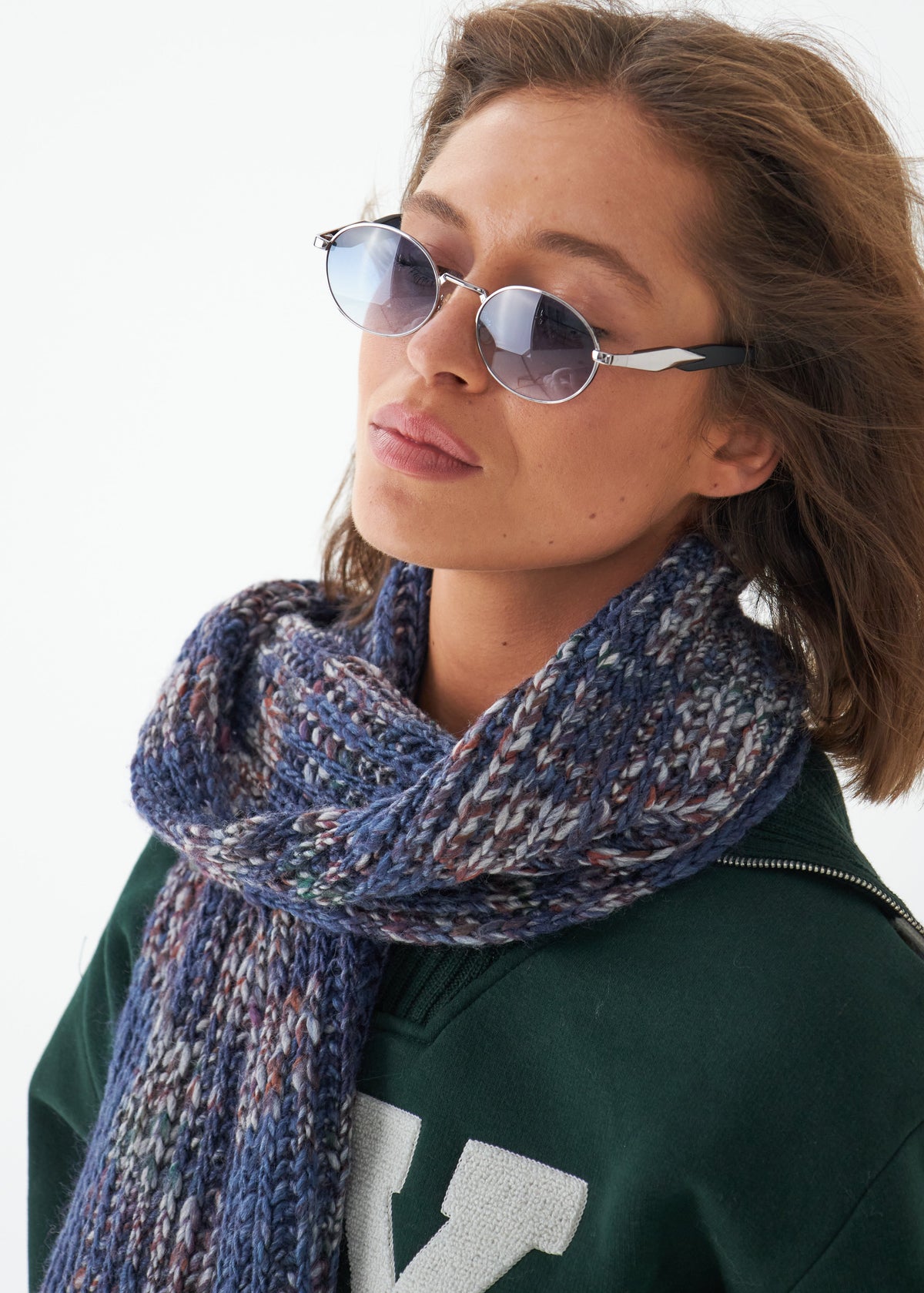 Oversized Lavender alpaca-wool scarf: Three-quarter close-up wrapped at the neck; beanie sold separately