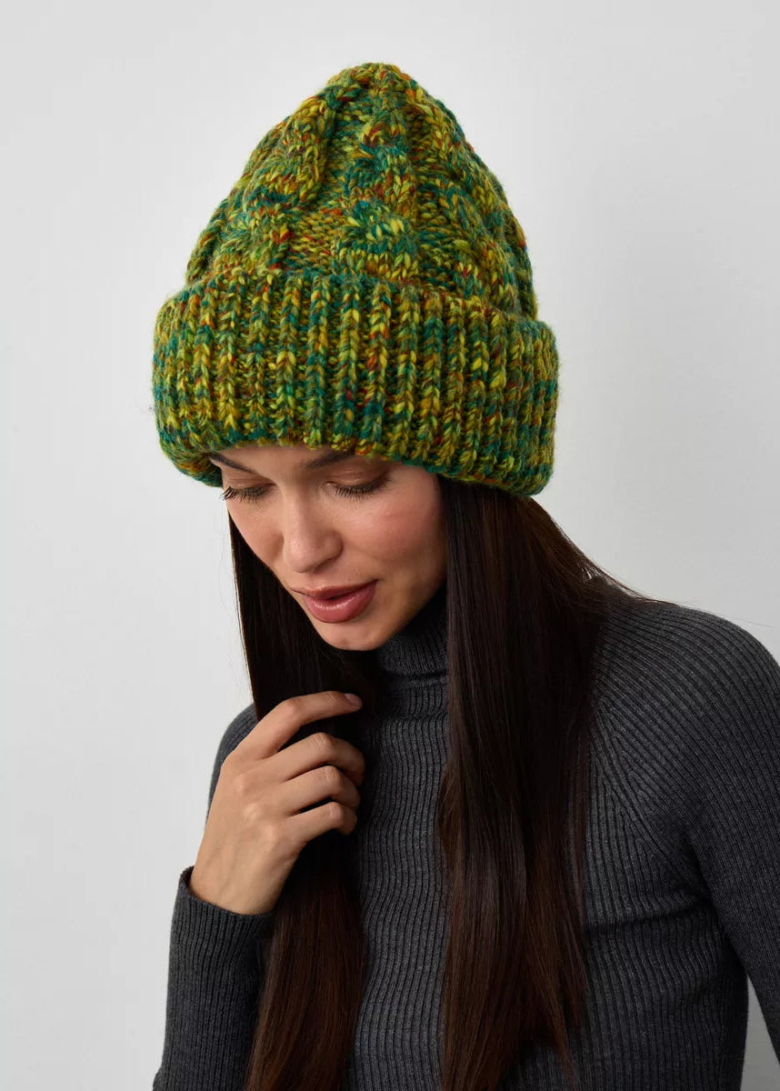 Tokyo Khaki cable knit wool beanie: Looking-down outfit view