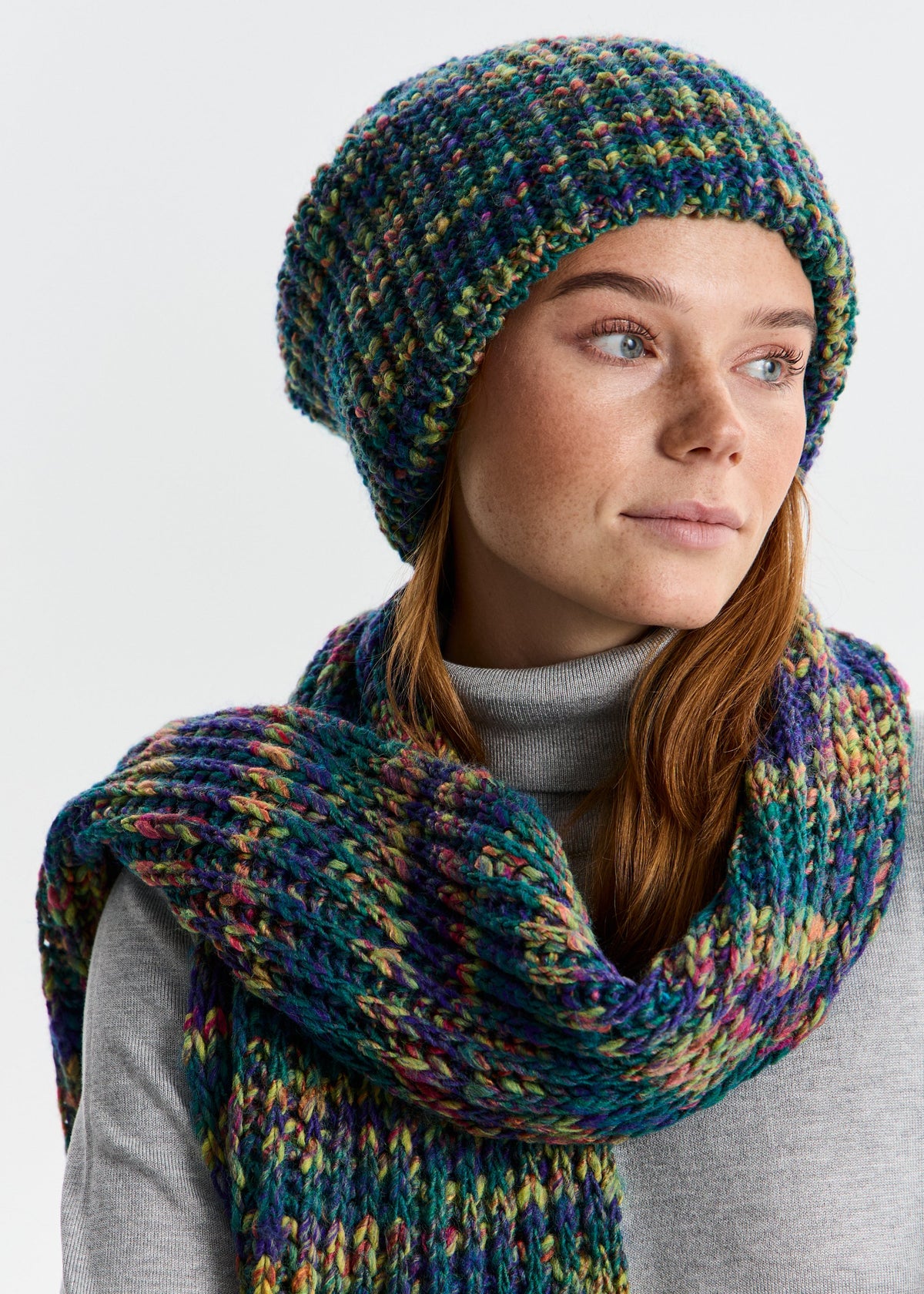 BRIKOLY London Lilac & Navy knit beanie shown in a close three-quarter view with a matching scarf.