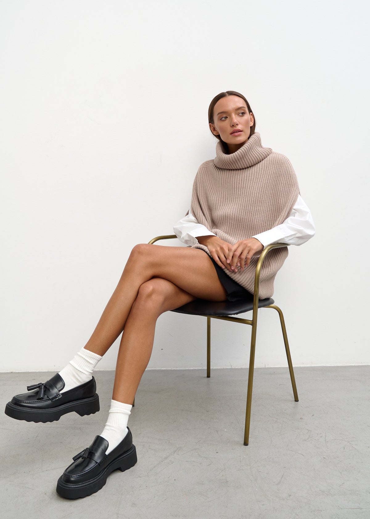 Women’s Oversized Beige Knit Sweater Vest – Long Turtleneck Layering Essential - BRIKOLY
