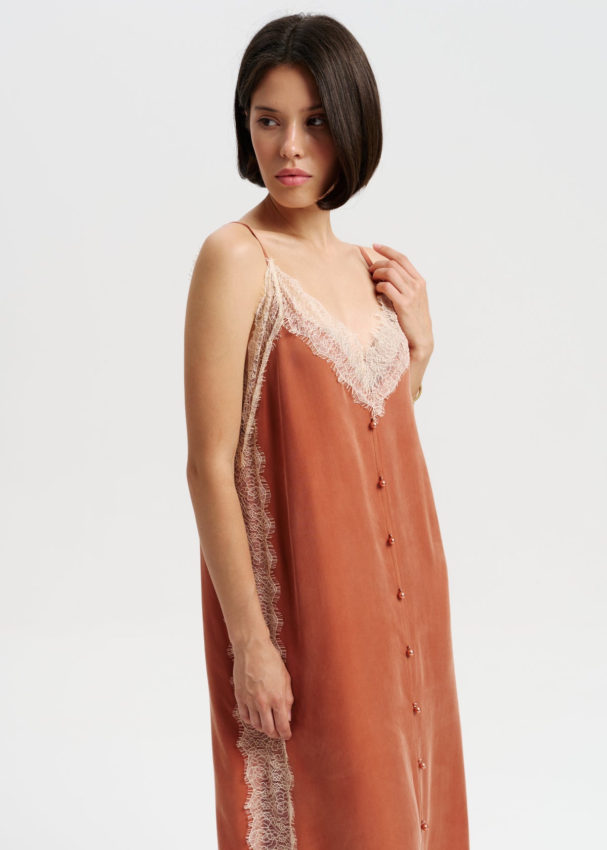 Terracotta Silk Slip Dress with Lace Details & Front Buttons - BRIKOLY