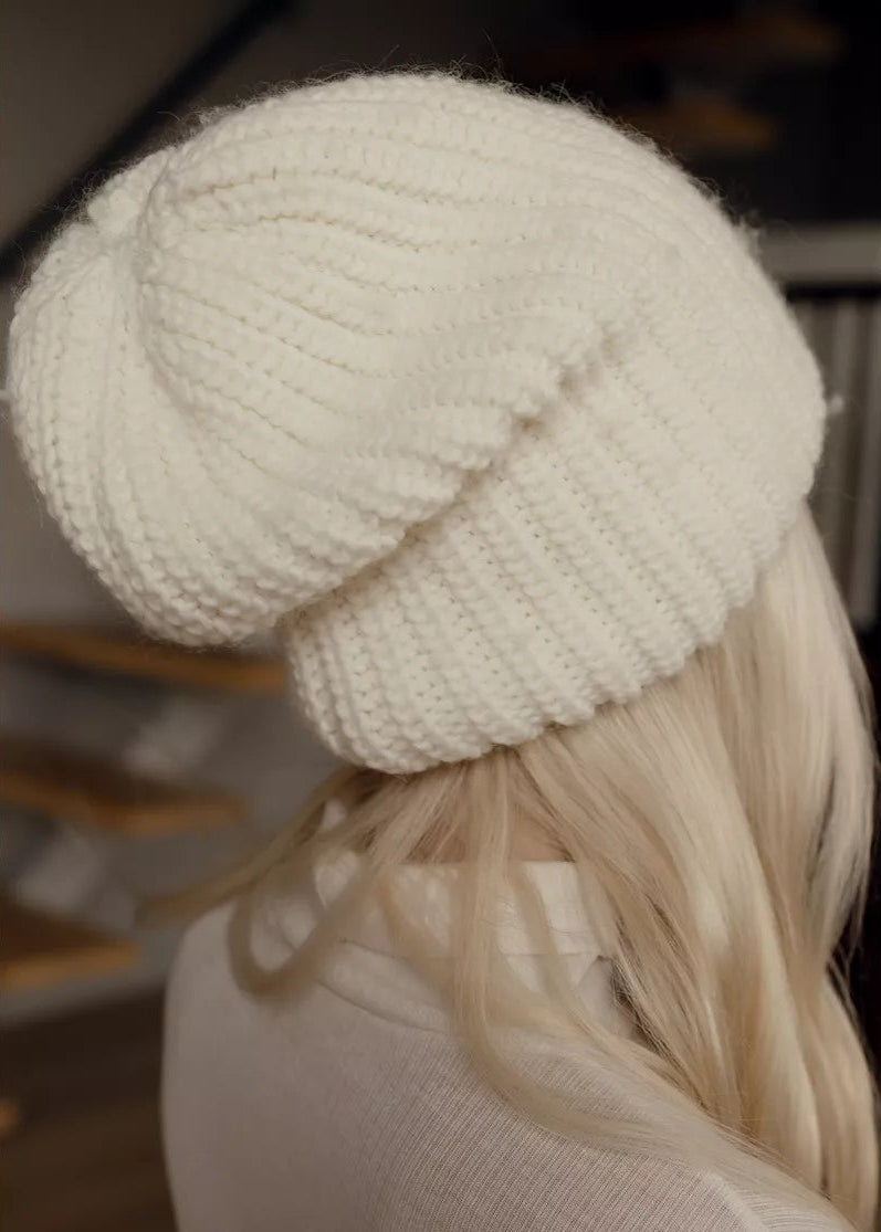 BRIKOLY London White knit beanie shown close up from the rear side.
