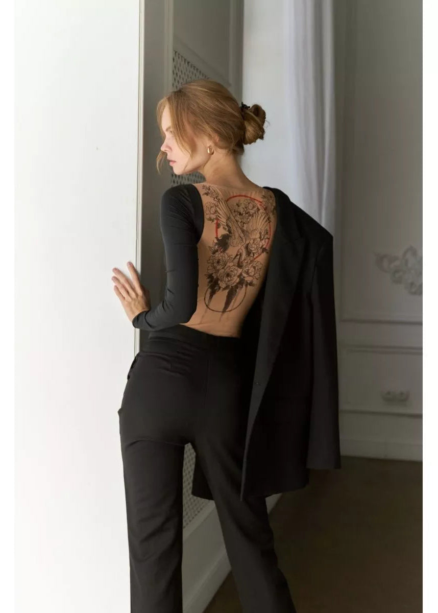 Crane Bodysuit Long Sleeve Open Back with Fake Tattoo - BRIKOLY