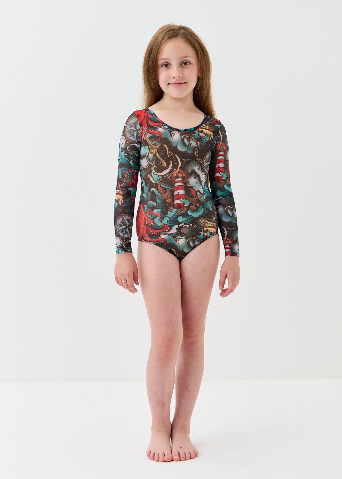 Octopus-2 Girls' Smart Tan One-Piece Mesh Swimsuit | Family Matching Swimwear (на проверку) - BRIKOLY
