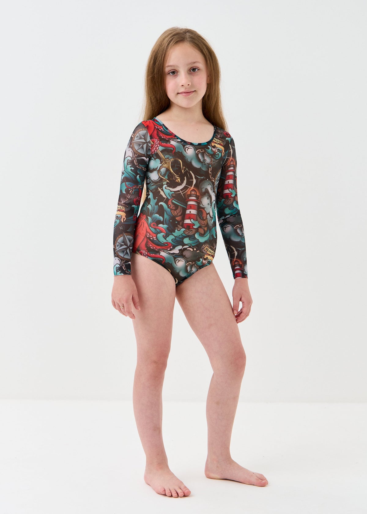 Octopus-2 Girls' Smart Tan One-Piece Mesh Swimsuit | Family Matching Swimwear (на проверку) - BRIKOLY