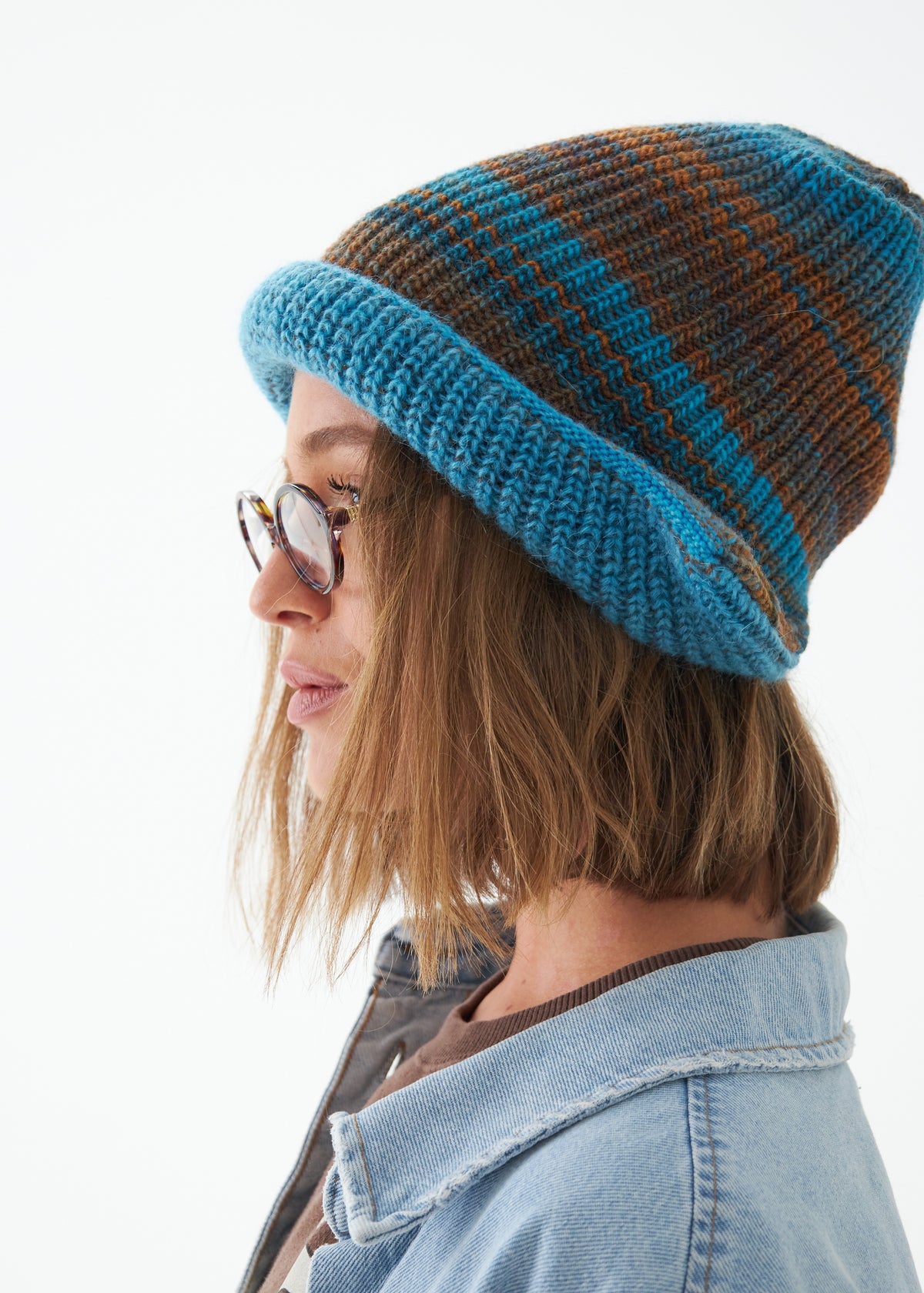 Reversible Wool Beanie Brown Blue Lisse - Double-Sided Warm Hat