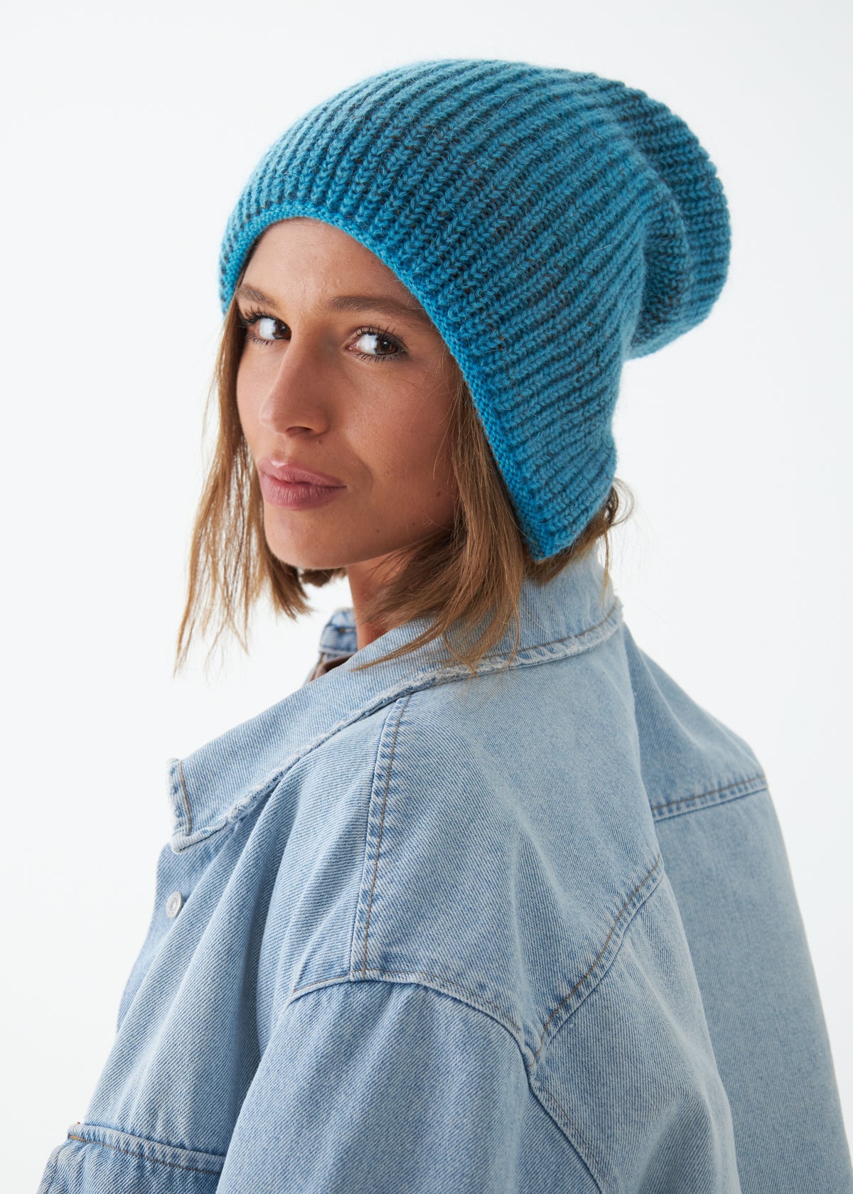 Reversible Wool Beanie Brown Blue Lisse - Double-Sided Warm Hat