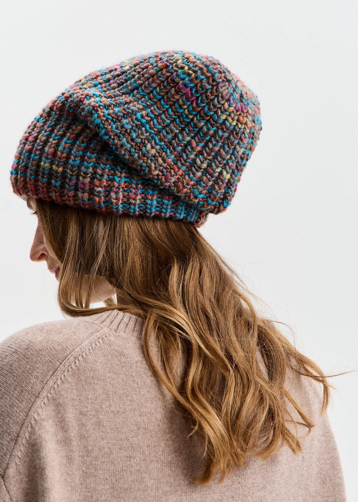 BRIKOLY London Turquoise multicolor knit beanie shown from the rear side.