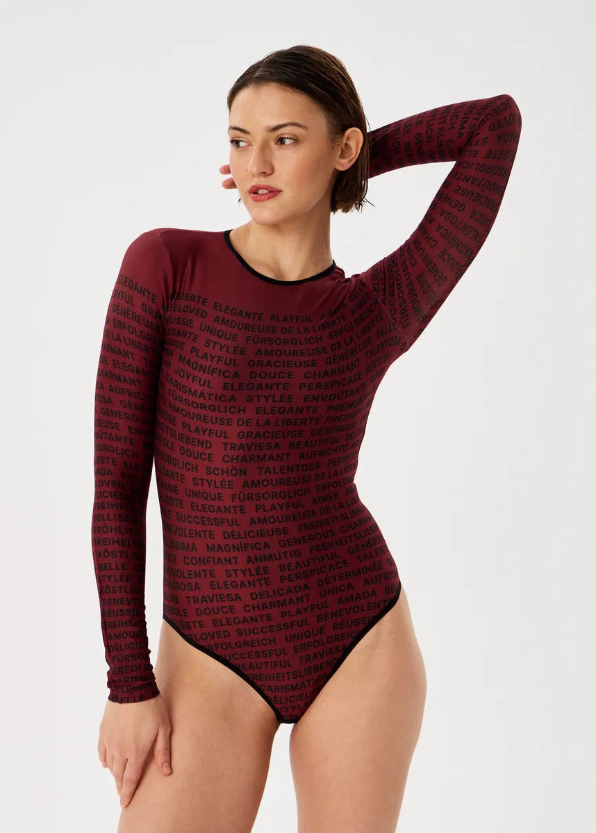 Words Bordo Tattoo Bodysuit – Long Sleeve Polyviscose for Women - BRIKOLY